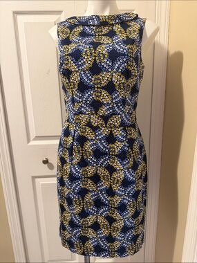 Boden Structured 50’s Style Navy & Yellow Sleeveless Printed Dress Size 8R